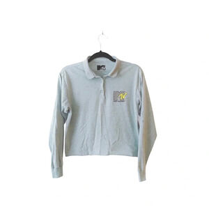 MTV Light Gray Collared Graphic Long Sleeve Cropped Tee Medium Women’s